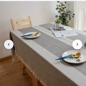 Cotton Linen Embroidered Rectangular Tablecloth Table Cover w Tassels Gray Beige